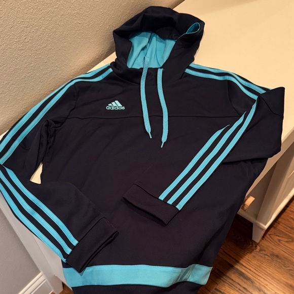 M Adidas Navy and Aqua Pullover Hoodie Retro Classic - Picture 1 of 7